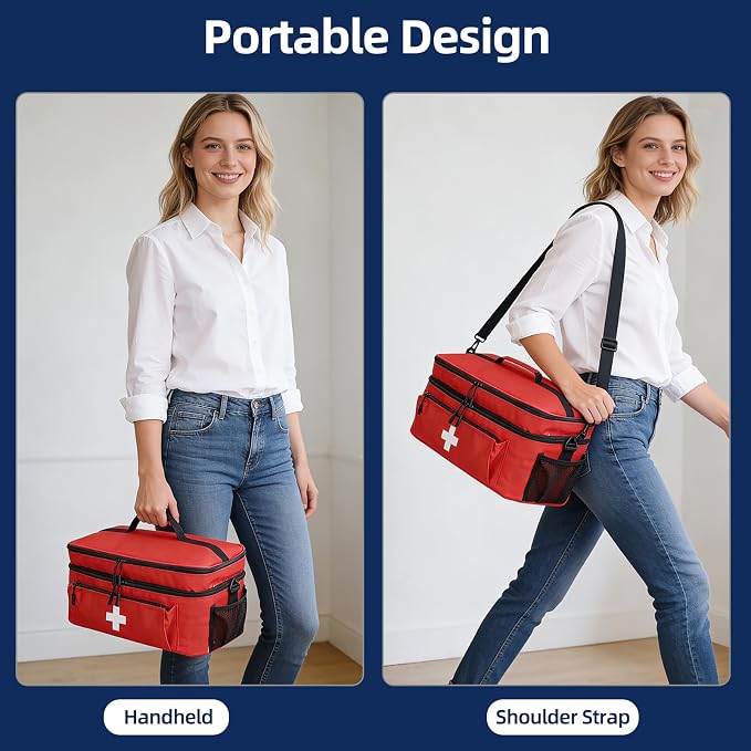 First Aid Bag Empty Large 2 Layer Medical Bag with Shoulder Strap 16”x 9½” x 7” Medicine Organizer Box Travel First Aid kit Emergency Supplies Storage Bag for Car, Home, Office, Outdoor (Red)