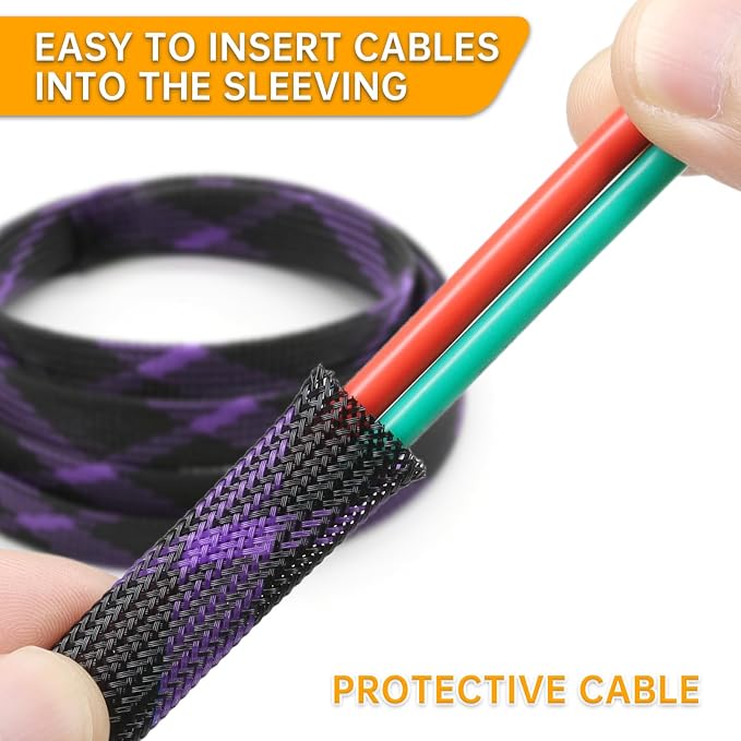 Braided Cable Sleeve, 33ft Expandable Wire Loom for Automotive Wiring Harness & PC Case, Pet-Proof Chew Resistant Cord Protector, Flexible Cable Management (Black-Purple, 12mm (15/32"))
