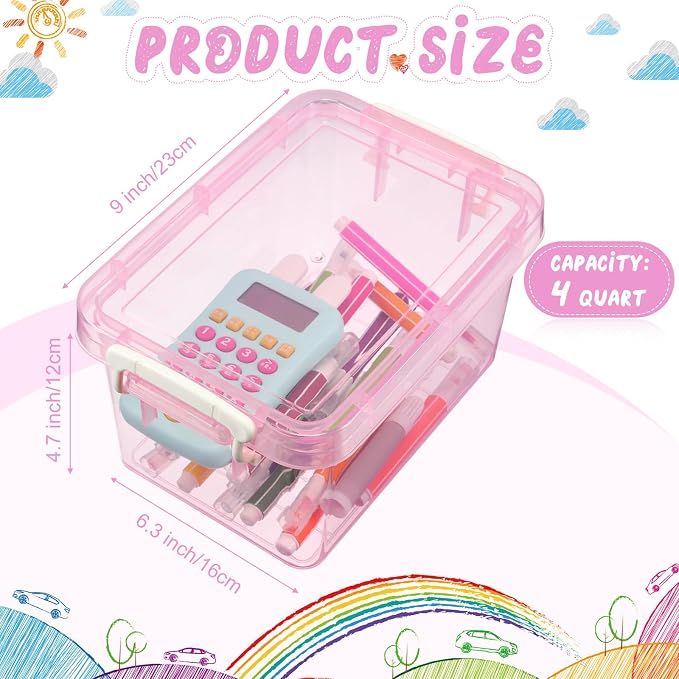 6 Pack Colorful Plastic Storage Bins with Lids 4 Quart Small Storage Latch Box Stackable and Nestable Clear Organizer Bins with Latching Handle and Buckle for Organizing(Pink)