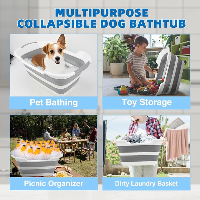 Collapsible Dog Bathtub, 7.1 Gal / 27 L Pet Bath Tub, Puppies Cats | 23.8 x 15.6 x 11.6 in Size, Folds to 3.34 in, Drain Plug with Hair Collector, Non-Slip Feet, TPE/PP Tub, Under 30 lb Pets