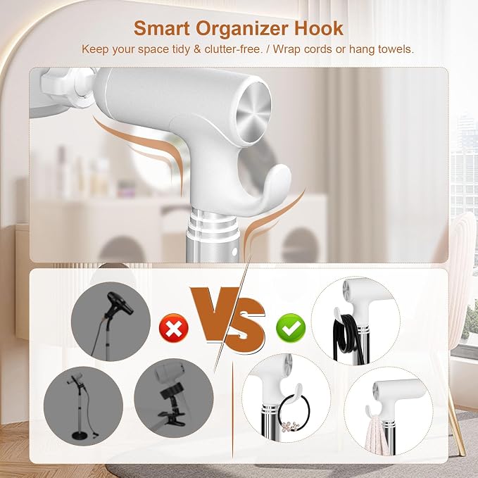 Mistriddle Hands Free Hair Dryer Holder Floor Stand, 17.2-51" Adjustable | For Home, Salon & Pet Grooming, Universal TPU Clip, Stable Aluminum Base with Organizer Hook (White)
