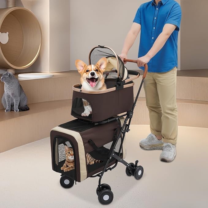 Double Dog Stroller for 2 Small & Medium Pets, Double Pet Stroller with Detachable Carriers, Foldable Dog Stroller for 2 Dogs, Two-Seater Carrier Dog Walk Jogger Travel Pet Carriage Cart (Coffee)