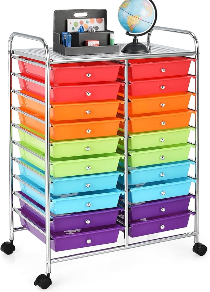 20 Drawer Rolling Storage Cart, Art Cart Organizer with Wheels for Makeup, Tool, Paper, Multipurpose Craft Storage Cart with Drawers for Office, Home, Classroom, Teacher, School (Multi-Color)