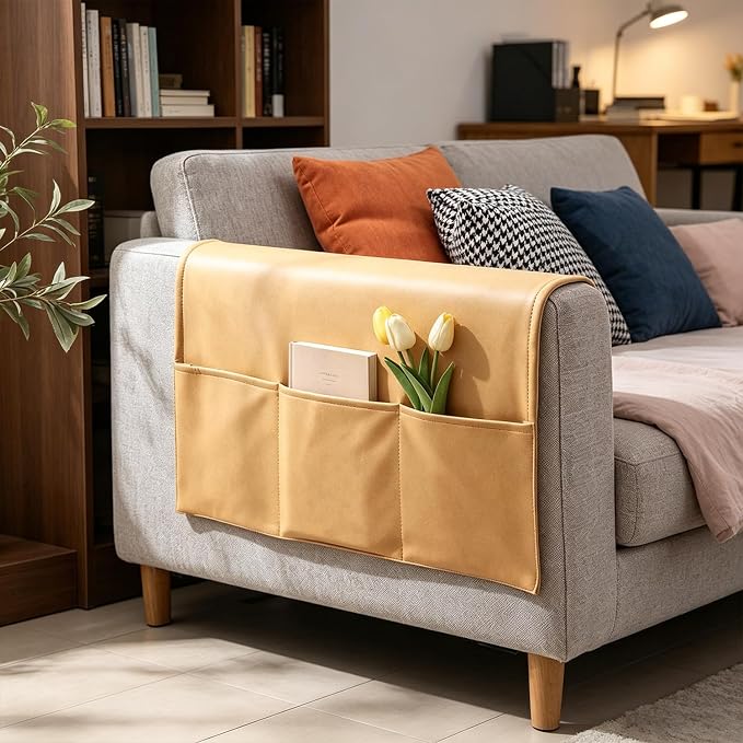 Sofa Armrest Cover with Pockets Set of 2 Furniture Protector Slip Technical Fabric Non Slip Recliner Organizer Remote Holder Caddy Accessories for Living Room Bedroom Kitchen Home 24*43.3 Inch Yellow