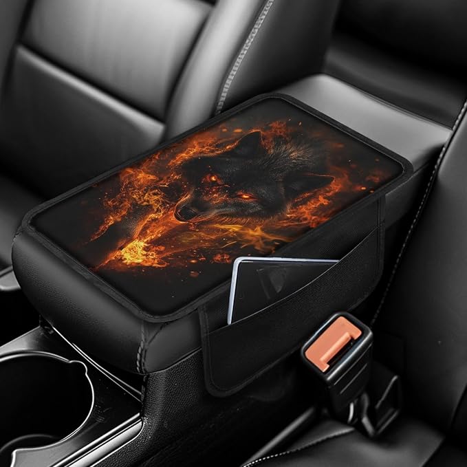 Howilath Flame Wolf Car Center Console Cover Universal Fit Armrest Cushion | Anti-Slip Backing, Protects from Scratches and Stains, Fits Most Cars and Trucks