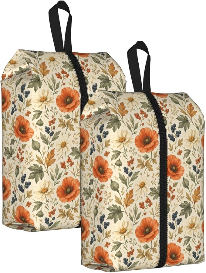 Autumn Wildflower & Berry Travel Shoe Bag for Men & Women, Waterproof Shoe Storage Organizer with Zipper, Portable Shoe Pouch for Sneakers, Heels, Sandals, Gym & Travel Luggage 2PCS