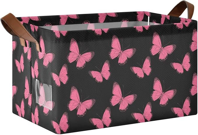 Retro Pink Butterfly Hot Pink and Black Storage Bins for Shelves with Labels&Handles Fabric Organizer Bin Foldable Rectangle Storage Basket Boxes for Closet, Bathroom, Home, Living Room