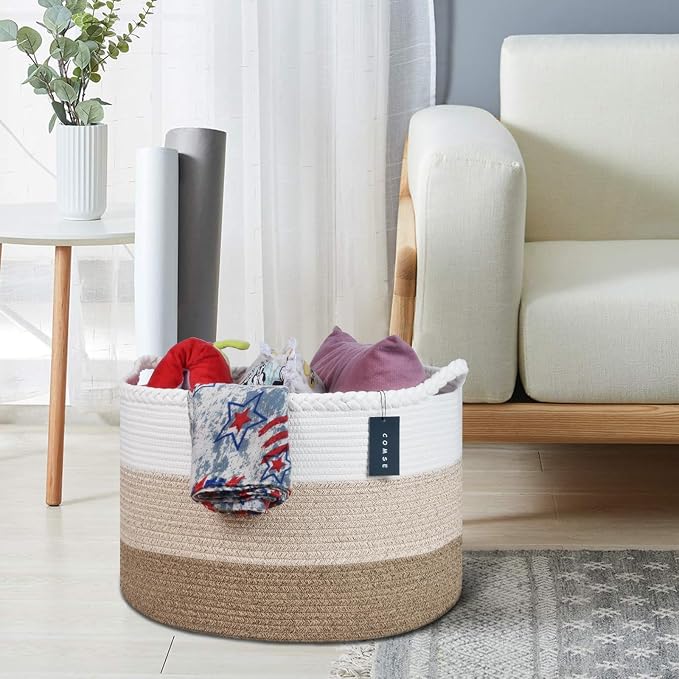COMSE XXXLarge Woven Blanket & Laundry Basket, 87L, White & Gradient Brown | 21.7" x 13.8", Cotton Rope, Nursery Hamper for Storage of Toys Clothes Towels, Ideal for Living Room Bedroom Bathroom