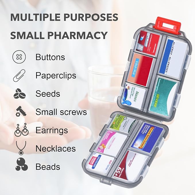 Large Travel Pill Organizer, 10 Compartments Small Portable Pill Case with 189 Medicine Labels, Compact Medicine Storage Box for Purse, Pocket, Airplane, Travel, Nurse Daily Use 3 Pack
