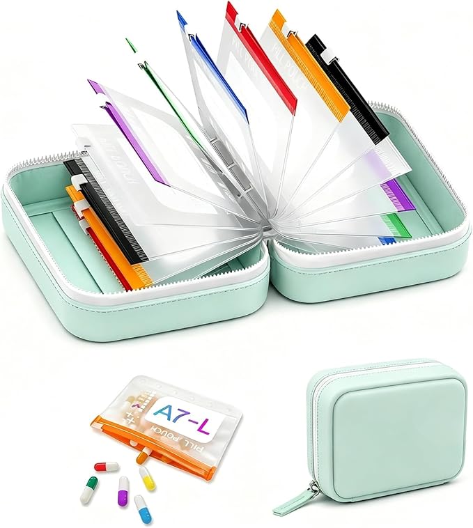 Waterproof Pill Organizer Set, Waterproof Pill Pouch Set for Travel, Pill Storage with 14 Color-Coded Pouches and Zipper, Reusable Travel Medicine Organizer for Vitamins Supplements Fish Oils (Green)