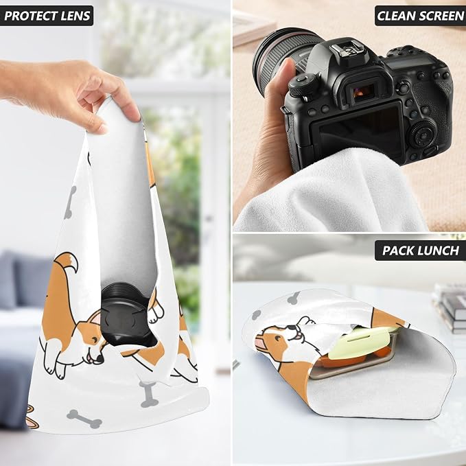 Emelivor Cute Pets Dogs White Print Self-Adhesive Magic Cloth Makeup Bag Foldable Cosmetic Bag for Travelling Protective Wrap for Camera Storage Organizer for Travel Electronics, 17.7x17.7in