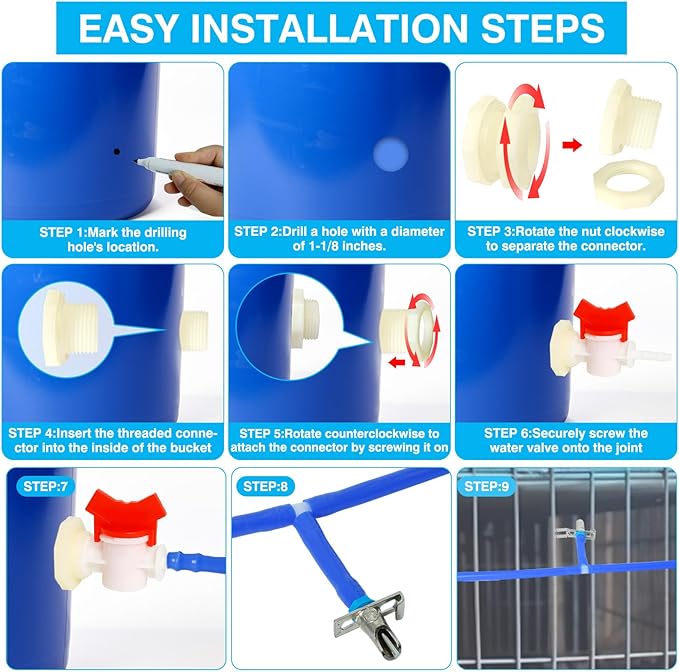 OCQOTAT Automatic Rabbit Watering System,Quail Rabbit Water Bottle Dispenser 8 Nipples Drinker,ID 5/16" Hose 19.68 Feets,Barb Fittings to G1/2" Thread,T-Fittings,Springs,Gaskets,Bucket Connector
