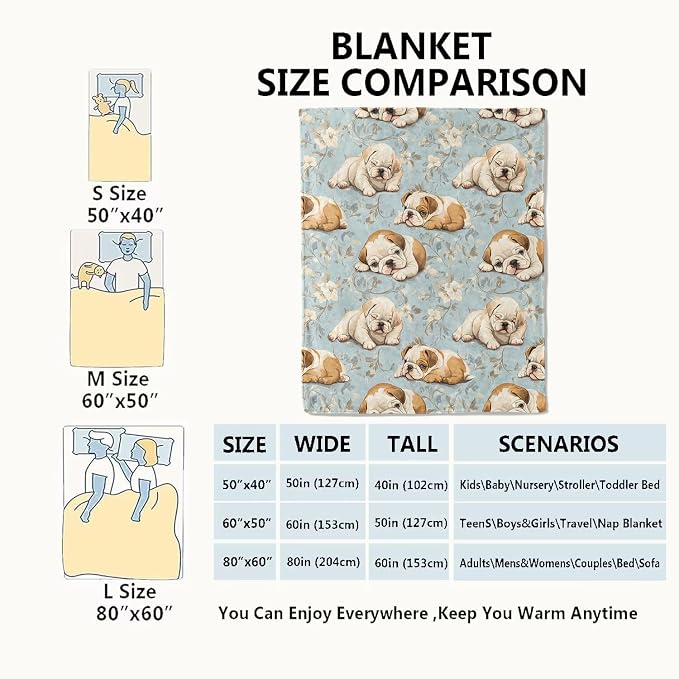 English Bulldog Blanket,40x50in,Cute Dog and Blue Floral Throw Blankets,Birthday Gifts for Kids Adult & Pet Lovers, Lightweight Soft Fleece Cozy,for Sofa Couch Bed Room Modern Decor