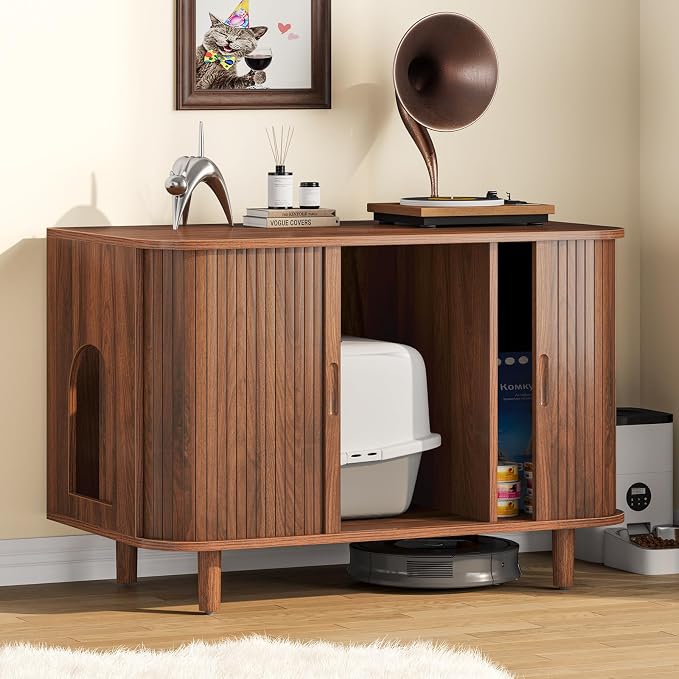Snughome Cat Litter Box Enclosure, 35.4'' Hidden Litter Box Furniture with Sliding Door, Modern Hidden Litter Box Cabinet, Wooden Indoor Cat House, TV Stand, Side End Table for Living Room, Walnut