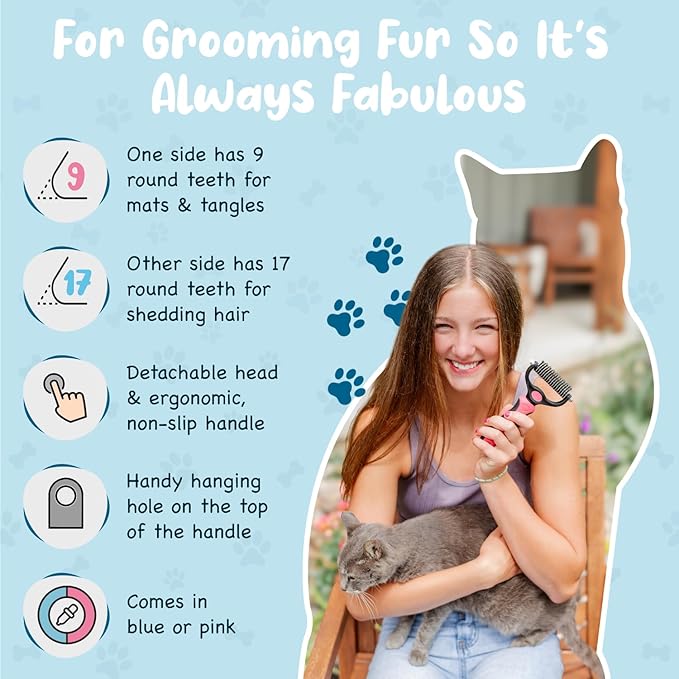 Sinko Shedding Brush For Dog and Cat, Grooming Brush with Extra Wide Double-Sided Stainless Teeth for Detangling, Deshedding, Brushing & Removing Shed Fur, Knots, Mats, and Tangles in Pets (Pink)