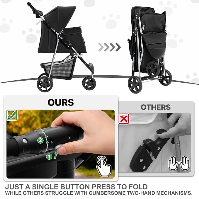MoNiBloom Pet Stroller for Small/Medium Dogs and Cats up to 33 lbs, Black | Foldable Dog Stroller 3 Wheels Pet Strolling Cart w/ Storage Basket Cup Holder, Breathable and Visible Mesh for All-Season