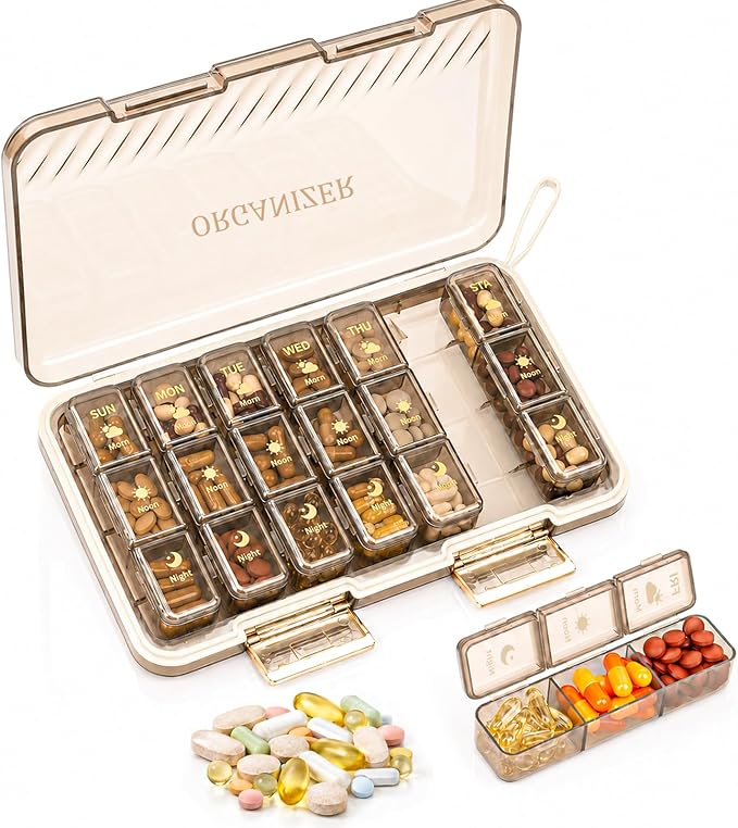 Weekly Pill Organizer 3x a Day - 7 Day Pill Box with 21 Compartments (Morning/Noon/Night), BPA-Free Daily Pill Case, Portable Medicine Organizer for Vitamins, Supplements & Medication【Upgrade】 (Brown)