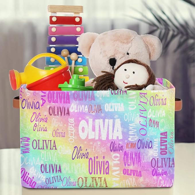 Personalized Kids Storage Basket with Name, Colorful Rainbow Color | Organizing Boys Girls Pets Toys Closet Shelf Clothes Books