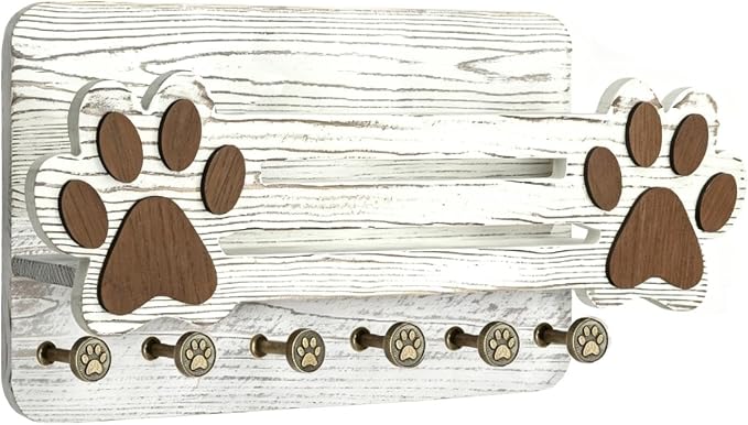 Dog Leashes Hanger Cute Paw Wooden Floating Shelf 6 Hooks | Dog Leashes Organizer for Indoor Home Living Room Kitchen Bedroom Apartment Hallway