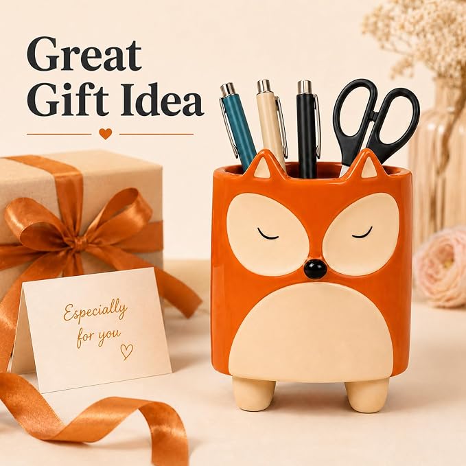 Ceramic Fox Shaped Pen Pencil Holder for Desk Decoration Accessories Fox Decor Makeup Brush Pen Cups Office School Ideal Gifts for Women, Mom or Birthdays