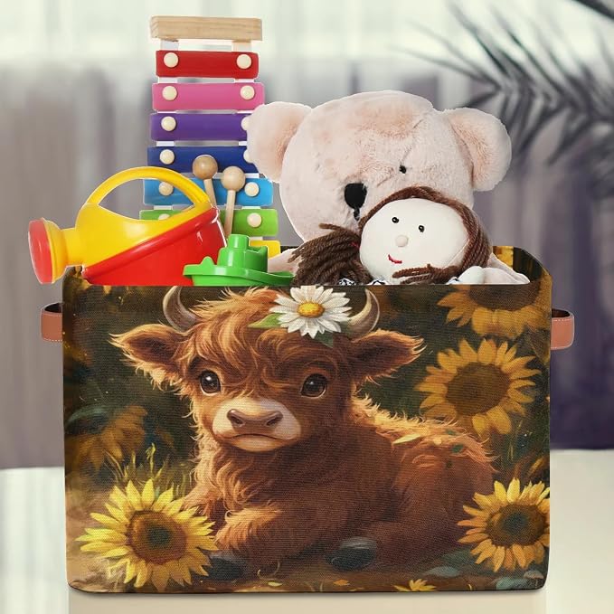 Cute Baby Cow Storage Basket with Handles Fabric Storage Bins Collapsible Nursery Basket for Shelf Book Cloth Closet Organizer Box 15 X 11 X 9.5 IN