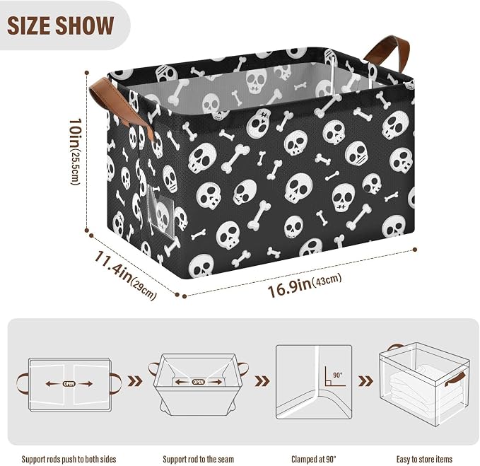 Black and White Skulls and Bones Storage Basket Foldable Cube Storage Bins with Handles&Label Waterproof Collapsible Organizer Box Bin Large Rectangle Decorative Baskets for Shelves Home Room Laundry