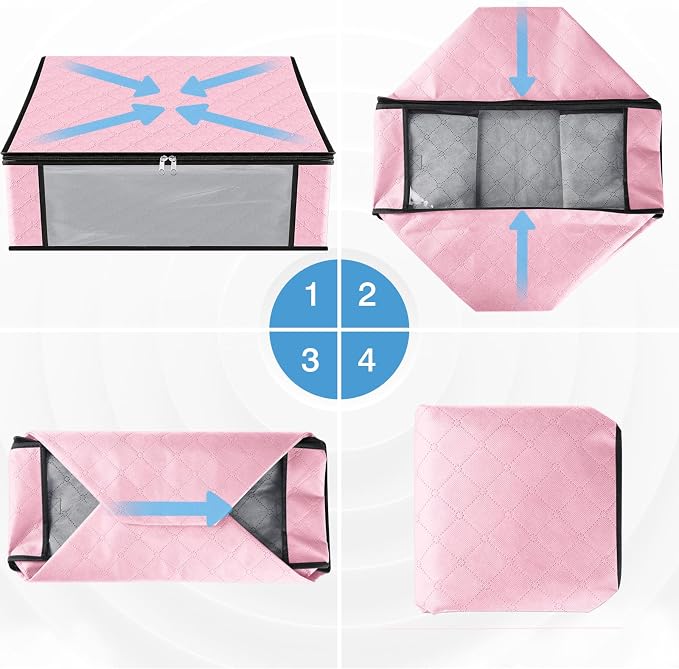 HomeHacks 3-Pack Clothes Organizer Storage Bags, 35L Storage Bins, Pink | Foldable Storage Box Container with Zippers, Clear Window, Reinforced Handles for Closet, Dorm, Pillows, Bedding, Sweater