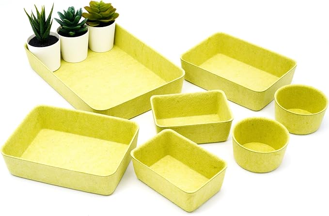 Welaxy Drawer organizers tray Felt storage bins office Desk dividers Morandi Colors Shallow Box 7-Piece round (Linden green)