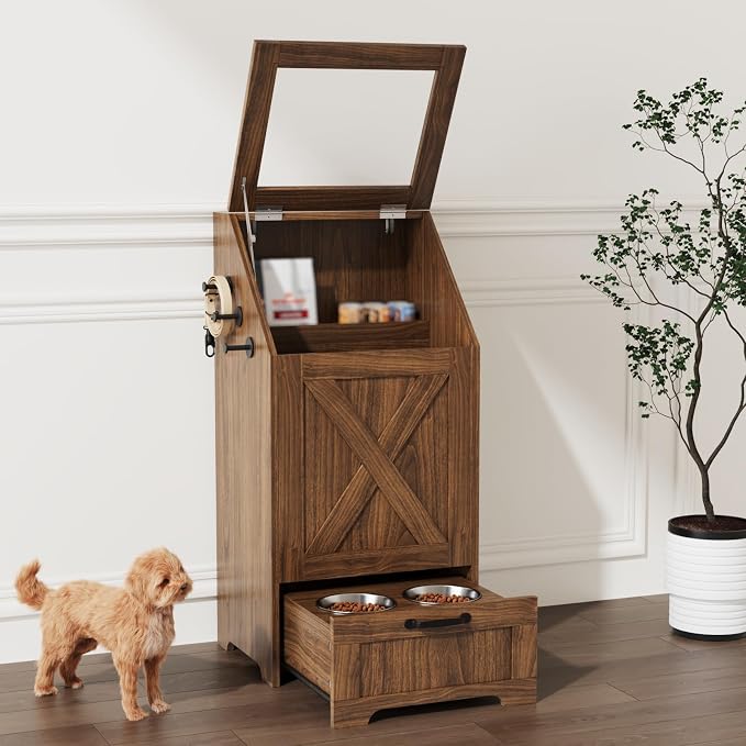 Dog Feeding Station with Storage Cabinet and 2 Elevated Dog Bowls, Hidden Pet Food Storage Organizer for Dog &Cat,Modern Dogs Furniture (Walnut)