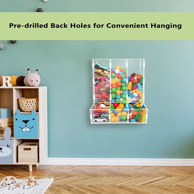 Montex Acrylic Wall Toy Dispenser, Acrylic Wall Storage, (Triple Compartment) Hanging Organizer and Storage Bin for Playroom, Blocks, Cars, Balls, Snacks