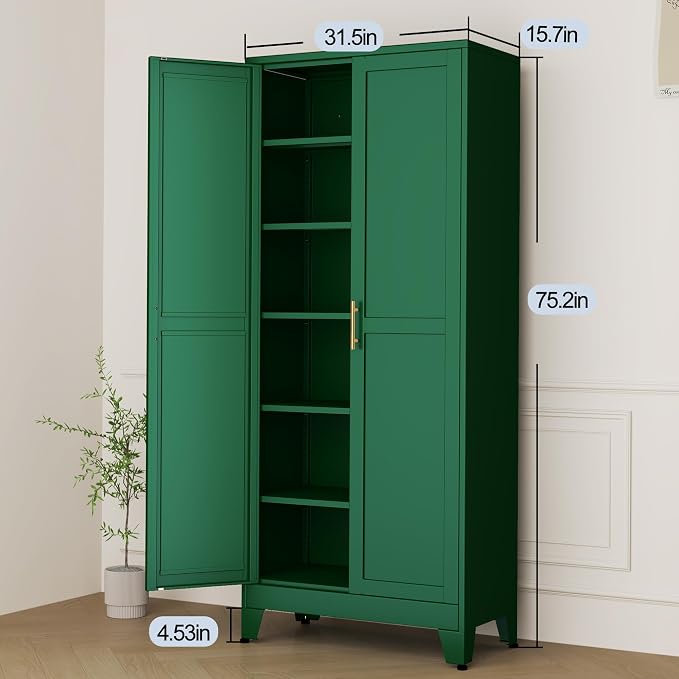 Green Metal Storage Cabinet,75" Steel Cabinets for Home Office | Kitchen Pantry Storage Cabinet with Doors and 5 Adjustable Shelves, Tool Cabinets, for Office, Home, Garage, School