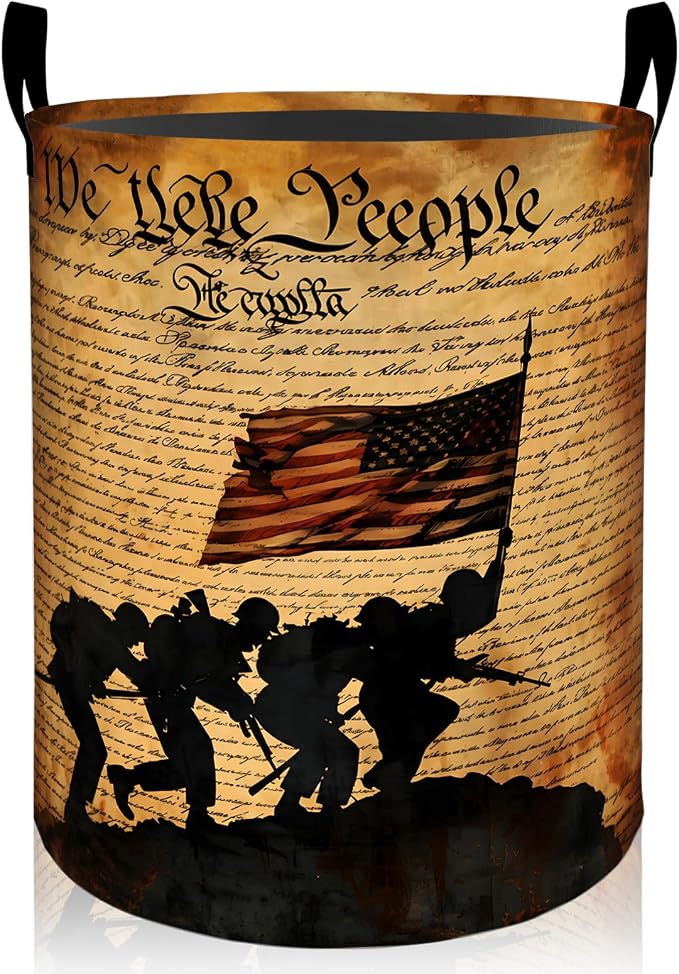 Soldier Silhouette Laundry Basket, Patriotic Foldable Oxford Cloth, Waterproof Dirty Clothes Hamper with Handles, Clothing Storage Bin Toy Organizer for Bedroom Dorm Bathroom, 19.7"x15.7"