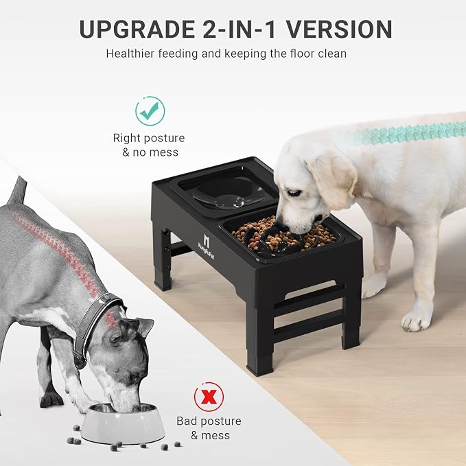 Elevated Dog Bowls, 2-in-1 Raised Slow Feeder Dog Bowls Stand with Anti Spill Non-Skid No Shaking Water Bowl 4 Height for Large Medium Dogs[Upgrade Version]