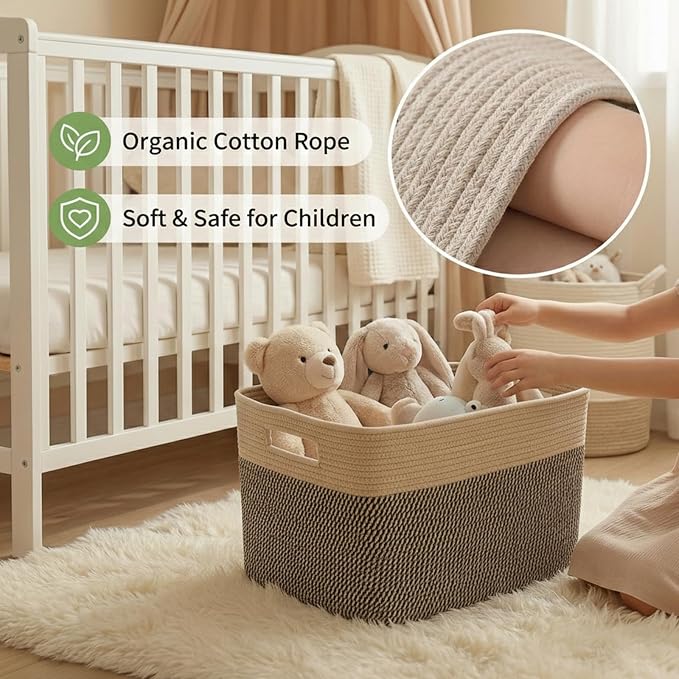 JMvicyroam 96L Large Woven Cotton Rope Blanket Basket, Jute&Black | Blanket storage for living room or bedroom use, Freestanding with reinforced handles, Entire basket is machine washable