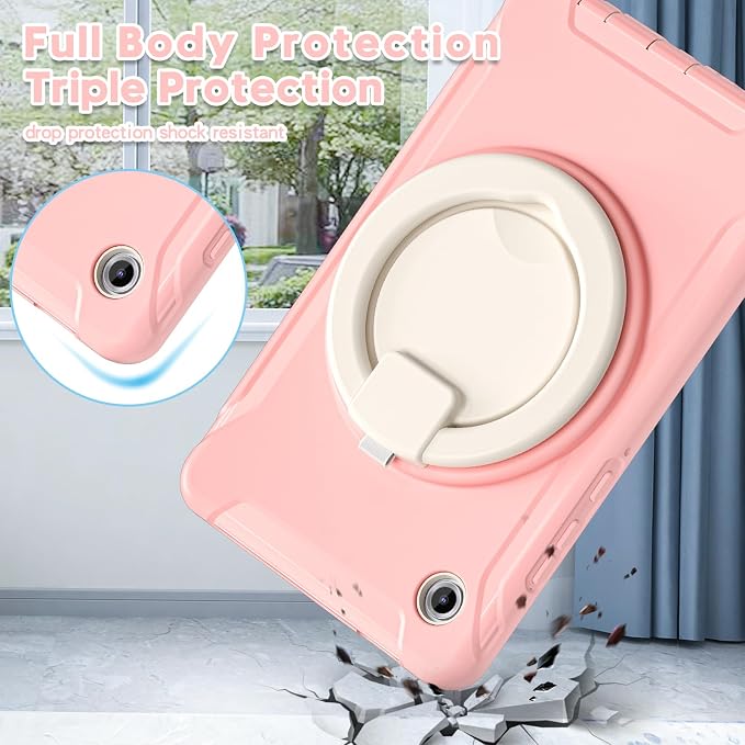Heavy Duty Shockproof Case for Samsung Galaxy Tab A11 8.7 Inch 2025 (Model: SM-X133/X135/X135F) - with 360° Rotating Stand Handle, Built-in Screen Protector,Kid-Friendly Protective Cover (Pink)