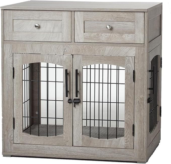 Dog Crate Furniture with Drawers,39.4" Wooden Dog Kennel for Medium/Large Dog,3 Doors Pet House with Cushion