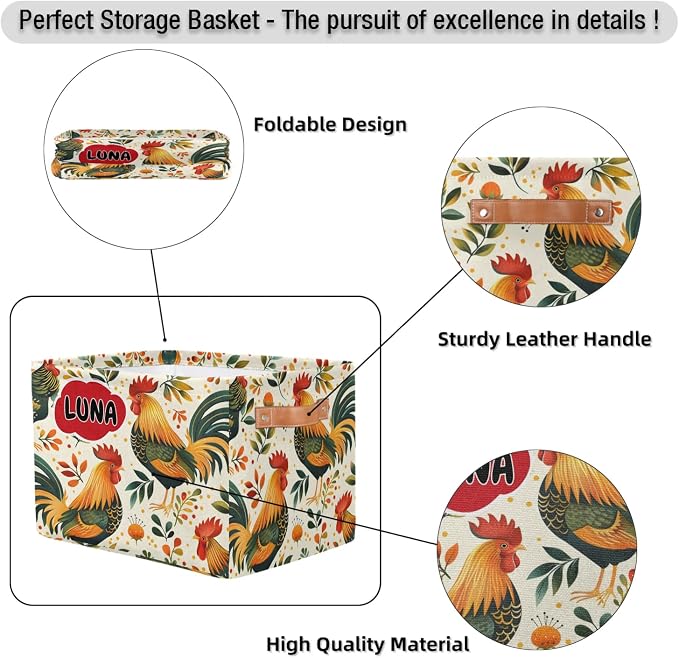 Custom Storage Baskets for Kids Name, Large Foldable Organizer Collapsible Storage Bin with Leather Handle for Home Toys Closet Nursery, Farmhouse Cock Rooster