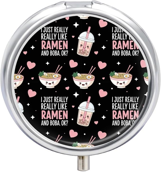 Round Pill Dispenser, I Just Really Like Ramen Mini Organizer Case, Metal Travel Holder for Medicine, Purse Pocket Container for Vacation Trips