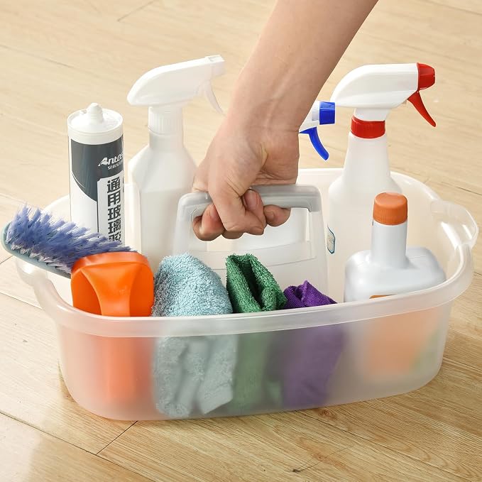 Large Cleaning Caddy with Handle, Cleaning Tool Storage Basket Organizer, Sturdy Pail Bucket Organizer, Household Bucket for Cleaning Supplies - Clear