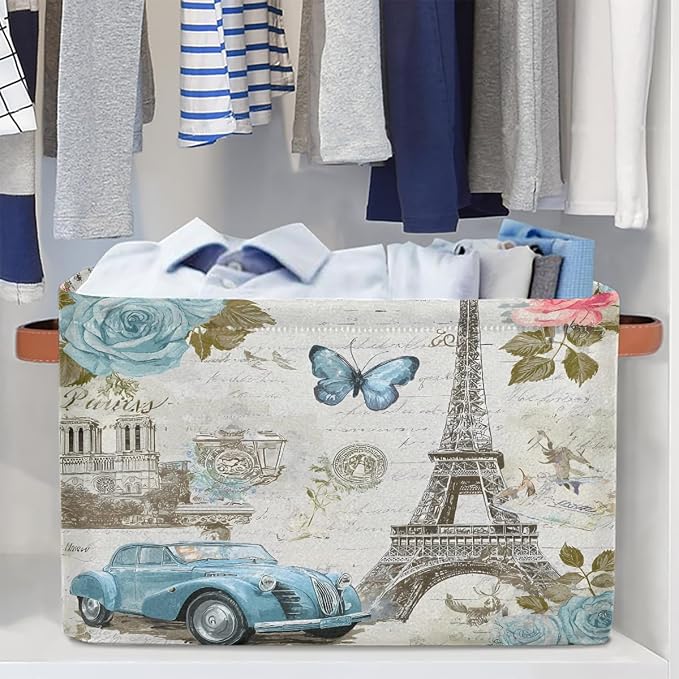 AUUXVA Storage Basket Vintage Paris Eiffel Tower Rose Flower Old Car Storage Cube Box Durable Canvas Collapsible Toy Basket Organizer Bin with Handles for Shelf Closet Bedroom Home Office