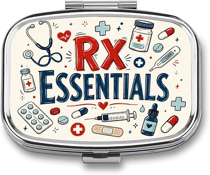 Healthcare Essentials Doodle Collage Two Compartment Pill Box Medicine Organizer, Portable Pill Case with Secure Snap Closure for Vitamins Medication Supplements Daily Use