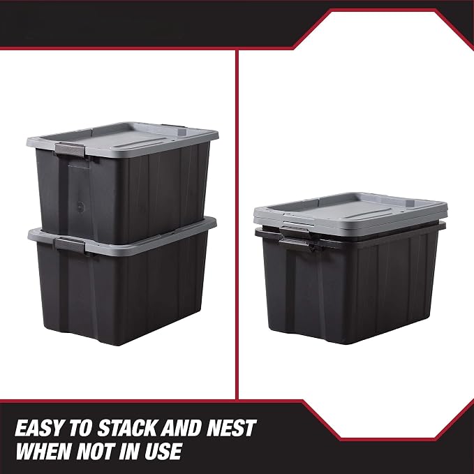 27 Gallon Heavy Duty Plastic Storage Bin With Latch Lid, Black Base & Gray Stackable Lockable Container With Ergonomic Handles For Garage Basement Shed Indoor & Outdoor Gear Organizer