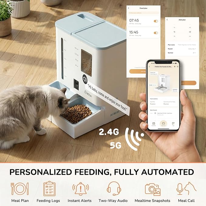 iPettie FW54 Camera Version Automatic Cat Feeder and Water Dispenser, 5G/2.4GHz WiFi App Control, 2K HD Video with Night Vision, Replaceable Water Filter, 300oz Large Capacity for 2 Weeks