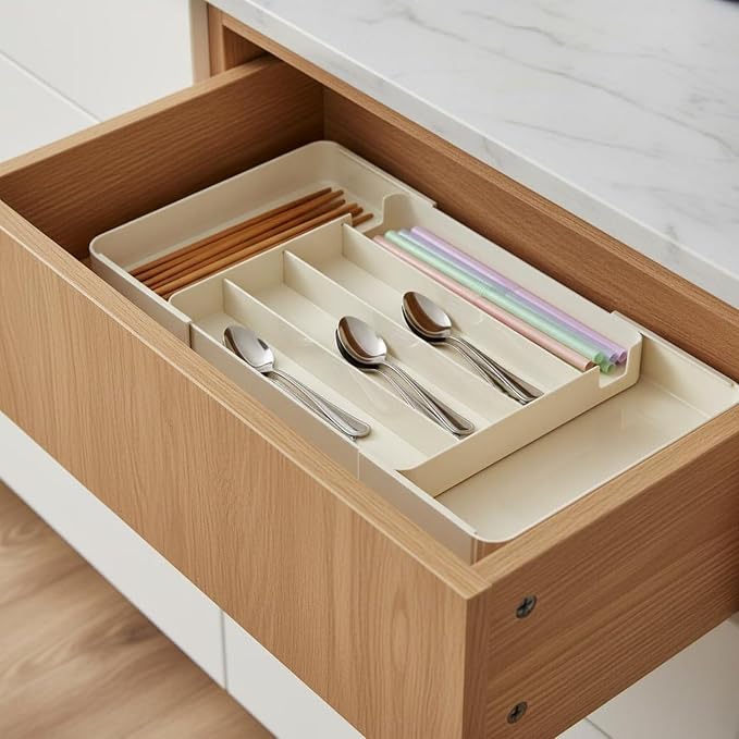 Drawer Organizer Expandable Utensil Tray Cutlery Holder Drawer Divider Storage Tray PET Construction With Removable Sections for Large Capacity