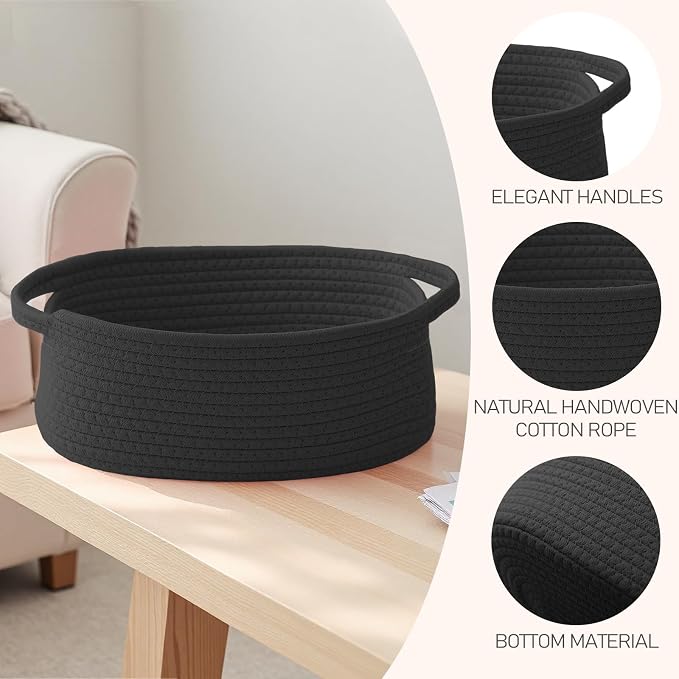 JMvicyroam Small Woven Basket, Empty Gift Basket, Black/3 Pack | Small Gift Basket, Cotton Rope, 12 x 8 x 26 in, Handles, Includes Ribbon and Bag, Birthday Gift Basket