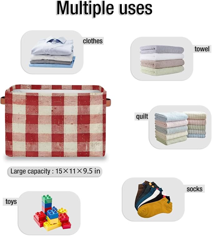 Storage Basket Classic Checkered Storage Cube Box Durable Canvas Collapsible Toy Organizer Bin with Handles for Shelf Closet Bedroom Home Office