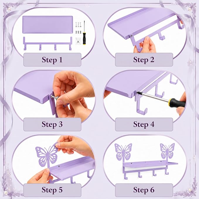 Purple Butterfly Coat Rack Wall Mount with Shelf Metal Entryway Hanging Shelf with 4 Hooks Cute Beach Coastal Bedroom Accessories Decor for Dog Leash Pet Collar Keys Clothes Hats Towel Purse
