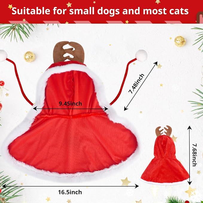 Dog Christmas Cape Velvet, Pet Santa Costume with Elk Antlers Hat Santa Claus Reindeer Outfit Puppy Xmas Hoodie Cloak Dog Clothes for Small Dogs Cat Doggie Cloak