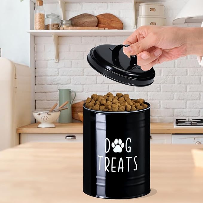 Dog Treat Container Airtight, 9.1''Hx5.5''W, 10 Cup Capacity (Black) | Airtight Lid Keep Food Fresh,Large Capacity Dog Treat Jar Suitable All Popular Treats,Dent-Resistant Durable Metal Cookie Jar
