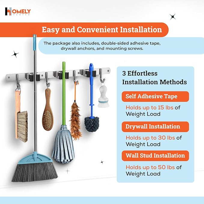 Homely Center Mop and Broom Holder Wall Mount – Heavy-Duty Closet Organizer for Garage, Kitchen, Laundry Organization – Tool Hanger with 3 racks and 4 hooks